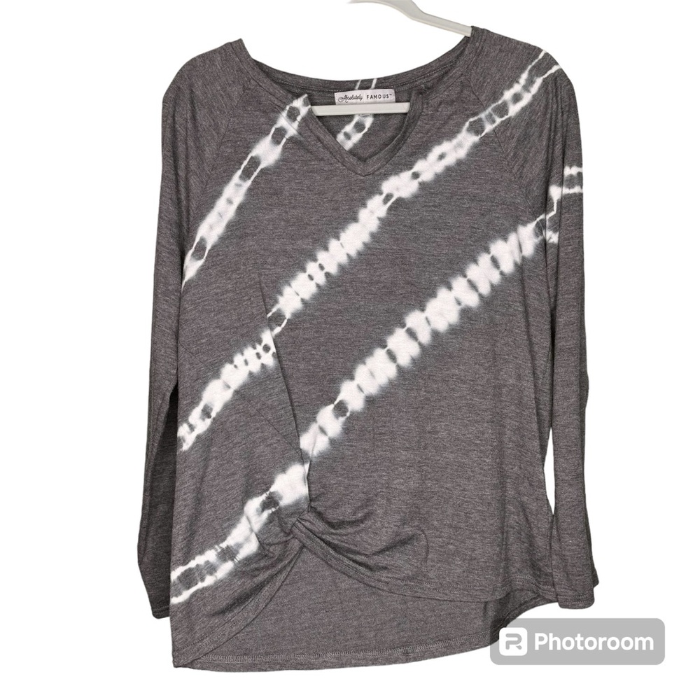 Long sleeve tie dye shirt. Color is grayish with slight blue tones.